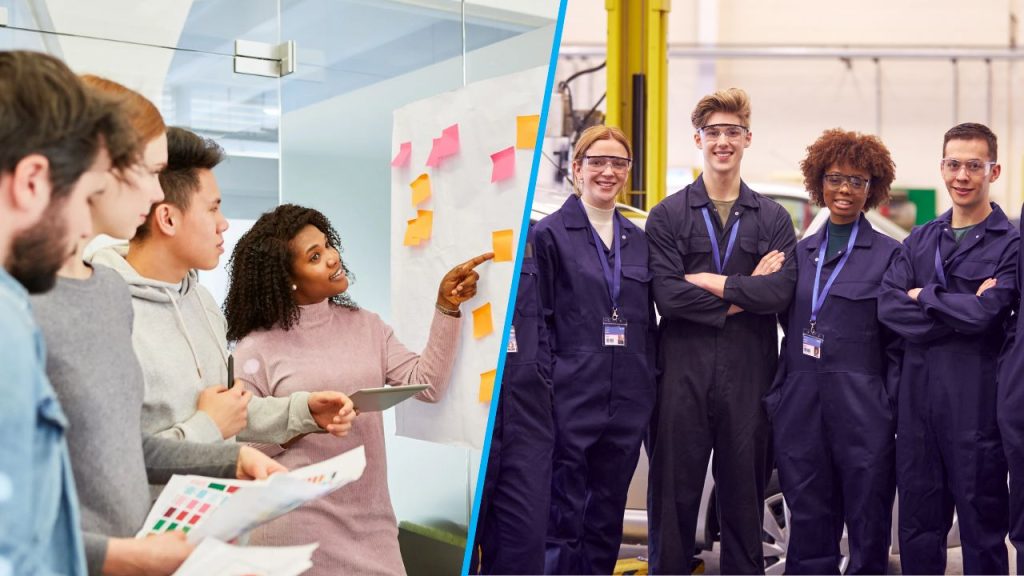 A split image showing apprentices in 2 different types of business