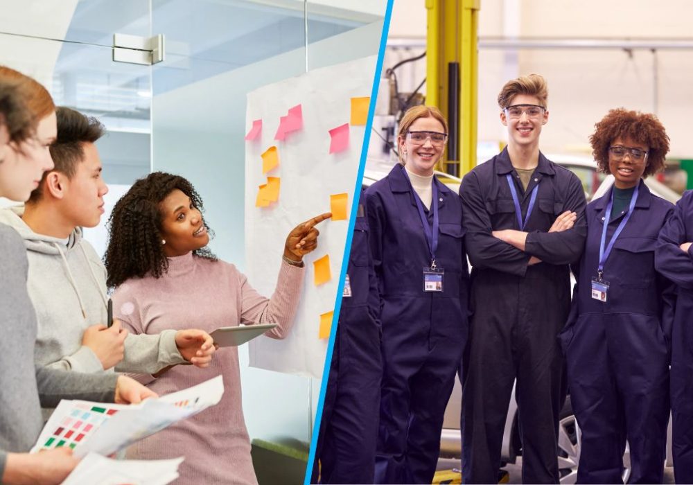 A split image showing apprentices in 2 different types of business